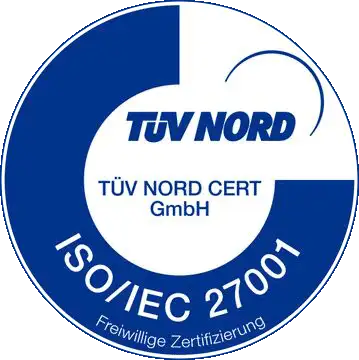 TÜV Nord Logo mit dem Hinweis auf ISO/IEC 27001, das aussagt, dass wir ISO 27001 zertifiziert sind.